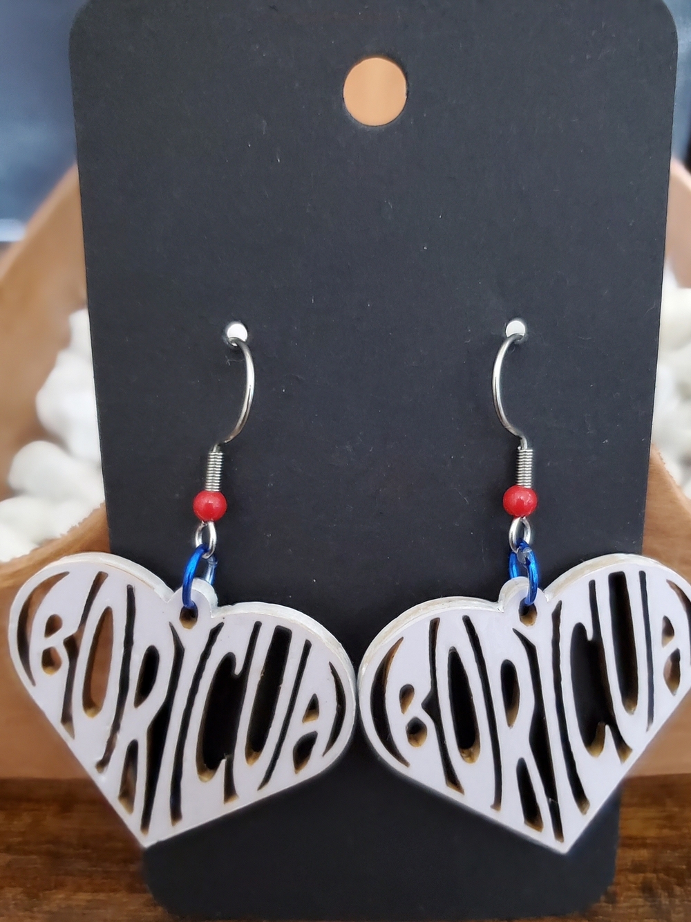 White Heart 'Boricua' Drop Earrings with Red Accent